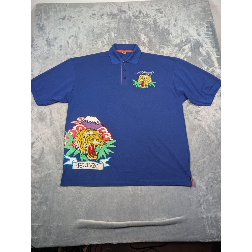 Ed Hardy Polo Shirt Mens 3XL Blue Tiger Graphic Tattoo Streetwear Embroidered